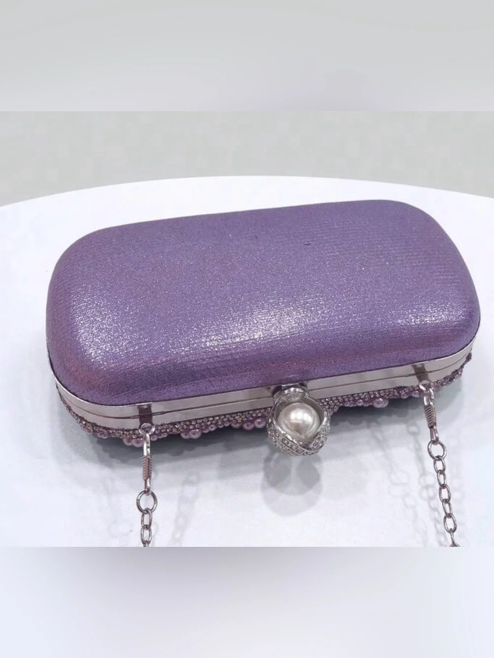 Pearl & Crystal Embellished Clutch - Purple